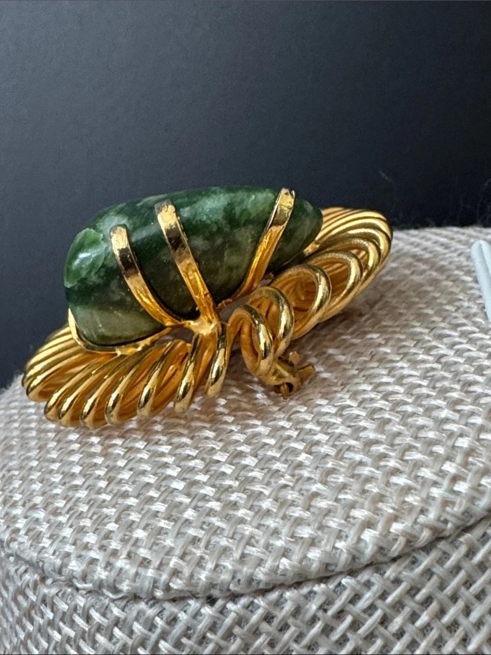 VTG Modernist Gold Tone Brooch with Jade Stone and Faux Pearl Kramer Era